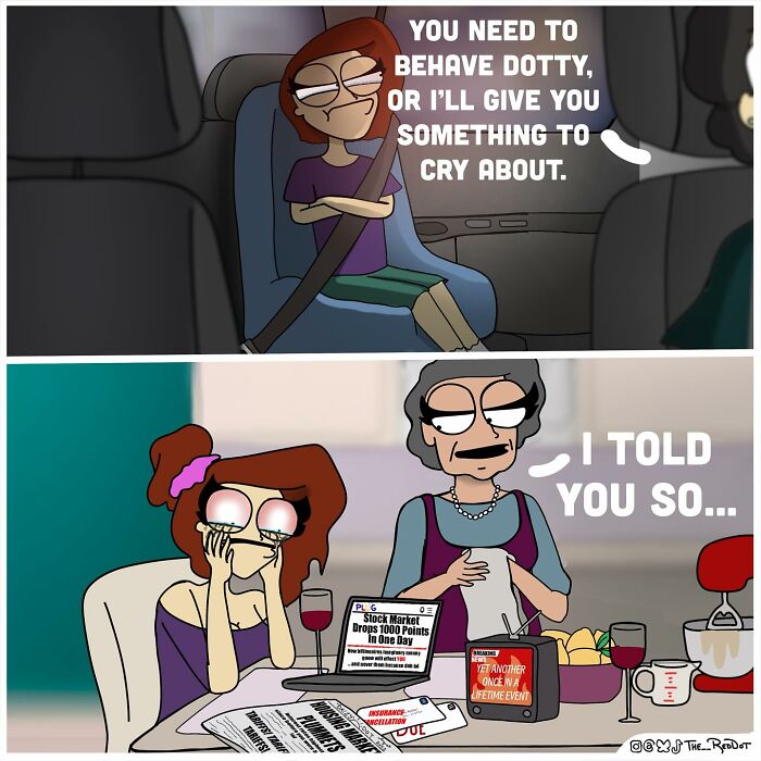 Two-panel comic showing a child warned to behave and an adult saying I told you so, in a bold hilarious comic style.