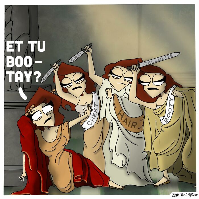 Bold and hilarious comic depicting three women accusing another with swords labeled sagging, gray, and cellulite in a funny style.