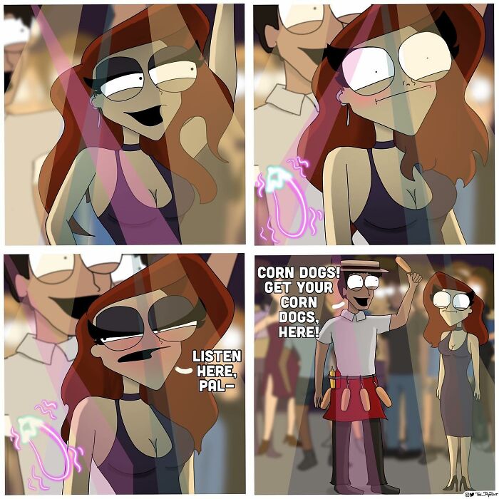 Animated comic panels featuring a bold and hilarious cartoon woman at a carnival with a corn dog vendor.