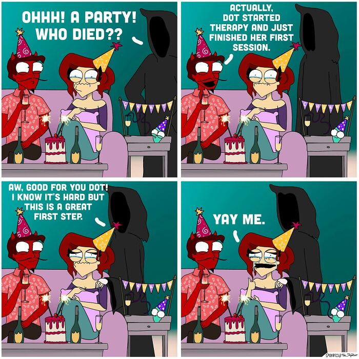 Comic strip featuring bold and hilarious characters at a party, showcasing naughty humor and quirky dialogue by the artist.