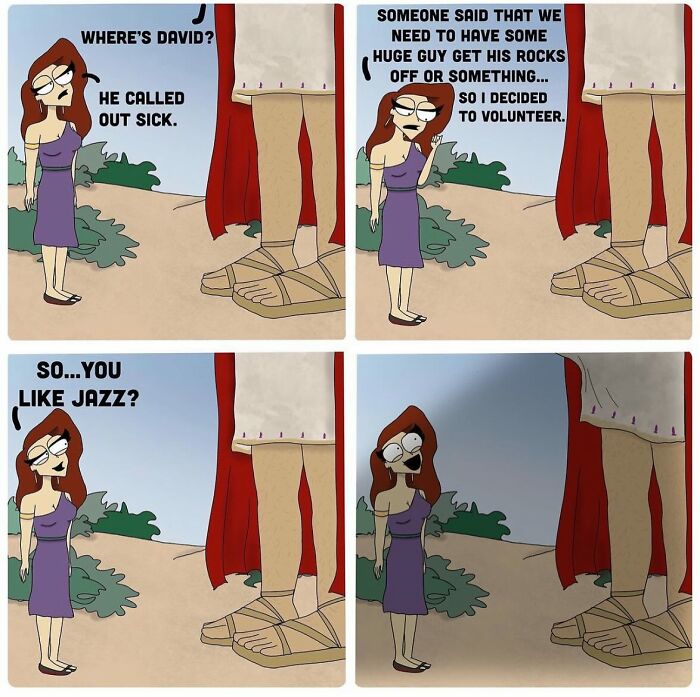 Bold and hilarious comic featuring a woman humorously interacting with a giant man's legs in a naughty style.