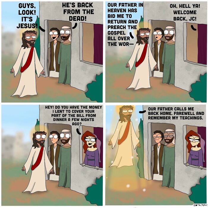 Comic strip featuring a humorous and bold depiction of Jesus returning, blending naughty and funny themes.