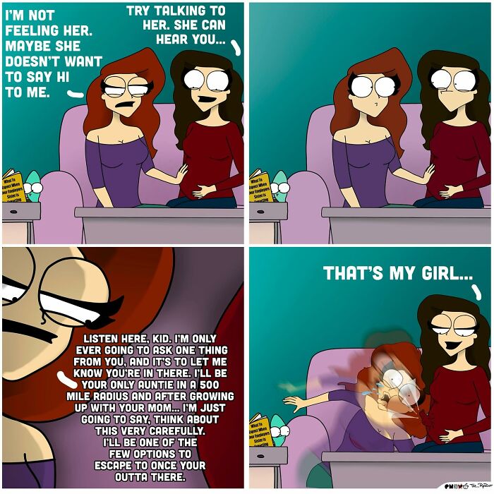 Comic panels showing two women talking, highlighting bold and hilarious humor with a slightly naughty twist.