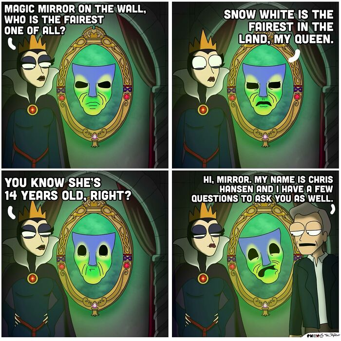Comic panels showing a dark queen and magical mirror with humorous and bold dialogue in a playful, naughty comic style.