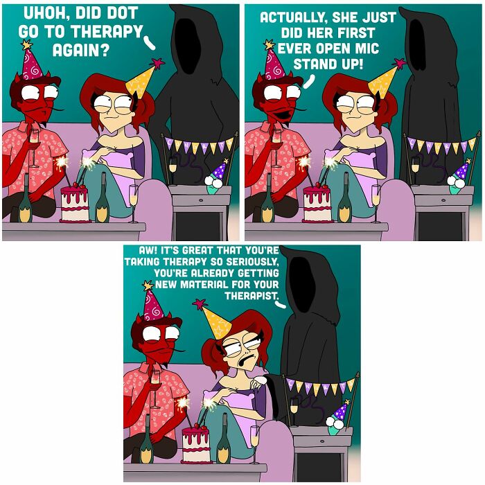 Comic strip featuring bold and hilarious characters at a party, with a humorous take on therapy and open mic stand-up.