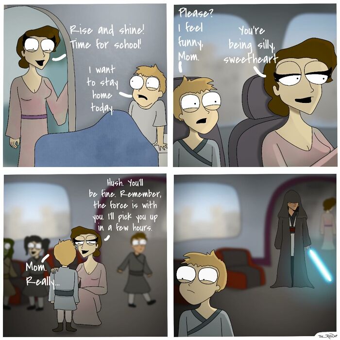 Comic panels showing a humorous and slightly naughty cartoon scene between a mom and her child featuring playful dialogue.