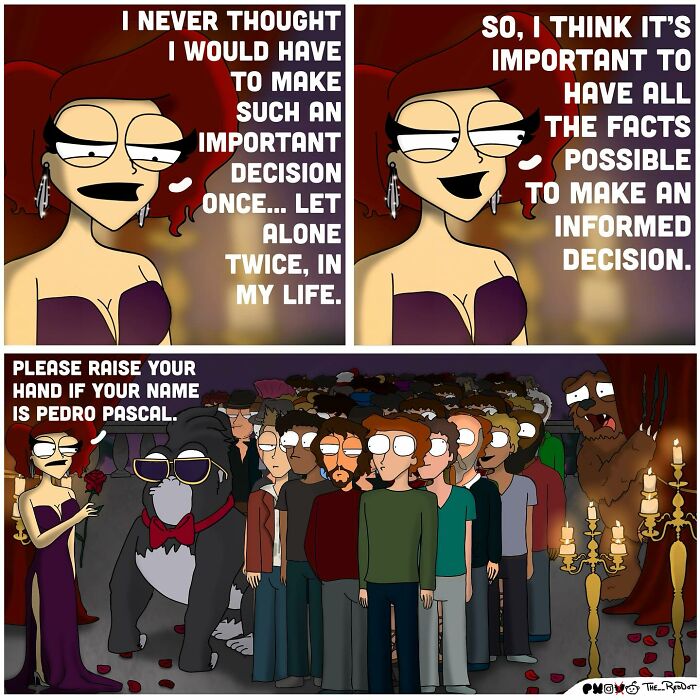 Bold and hilarious comic panels featuring a woman speaking to a crowd in a dark, candlelit setting.