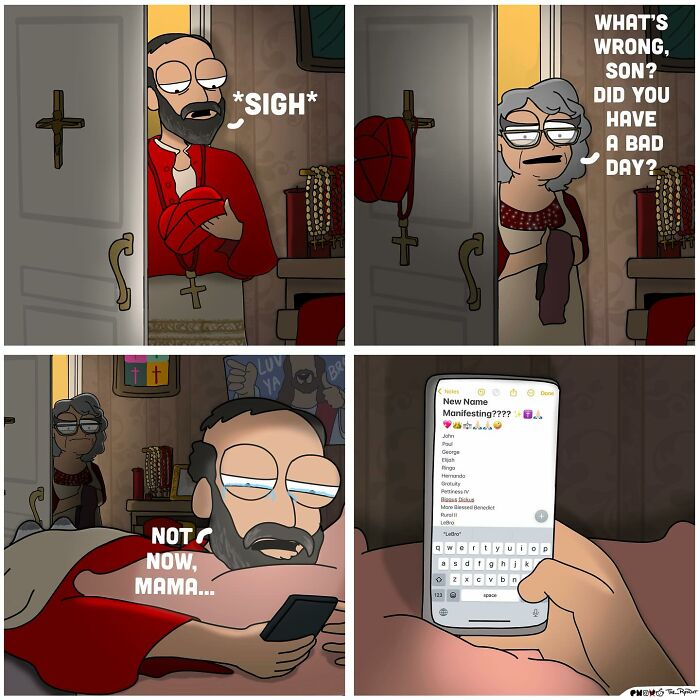 Comic panels showing a father and son interaction with a phone screen displaying funny manifesting name ideas in bold hilarious comics.