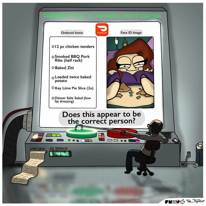 Cartoon illustrating a DoorDash face ID order verification featuring a humorous, bold comic style by the artist.