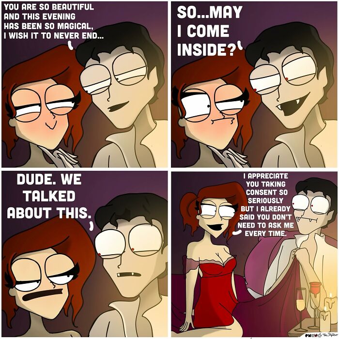 Comic strip featuring a playful conversation between a couple, showcasing bold and hilarious naughty humor by the artist.