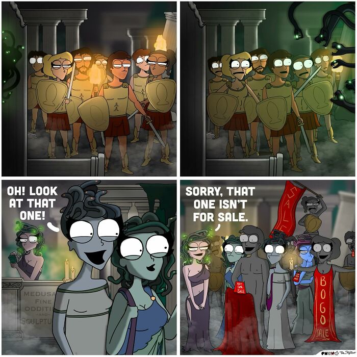 Four-panel bold and hilarious comic showing soldiers facing monsters and a Medusa art sale with a naughty twist.