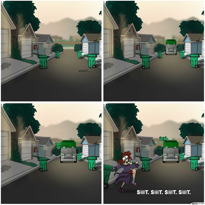Comic panels showing a woman chased by a garbage truck, illustrating a bold and hilarious naughty comic scene.