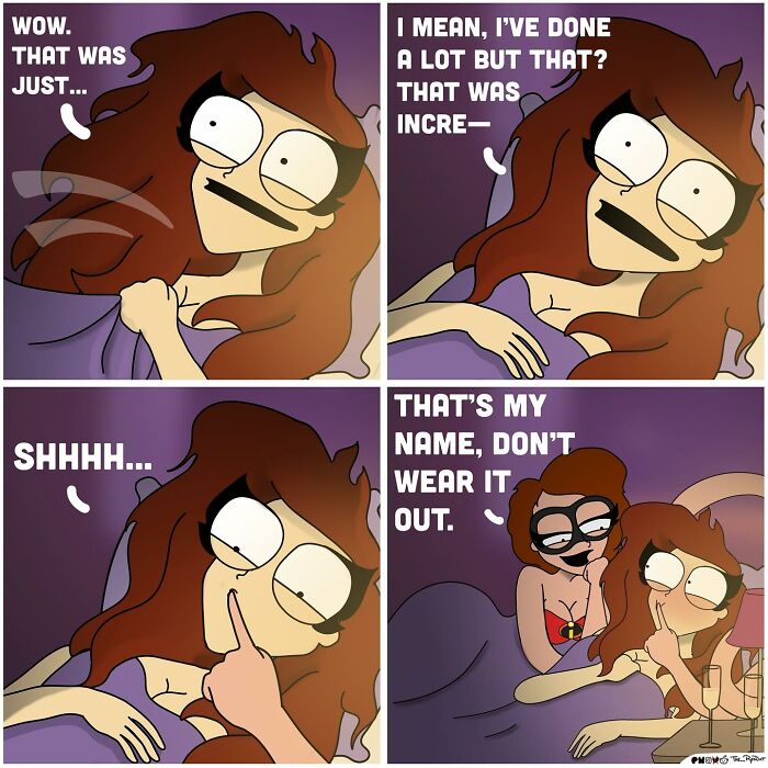 Woman with long hair in bed shown in four-panel comic, depicting a playful and humorous moment in bold comics.