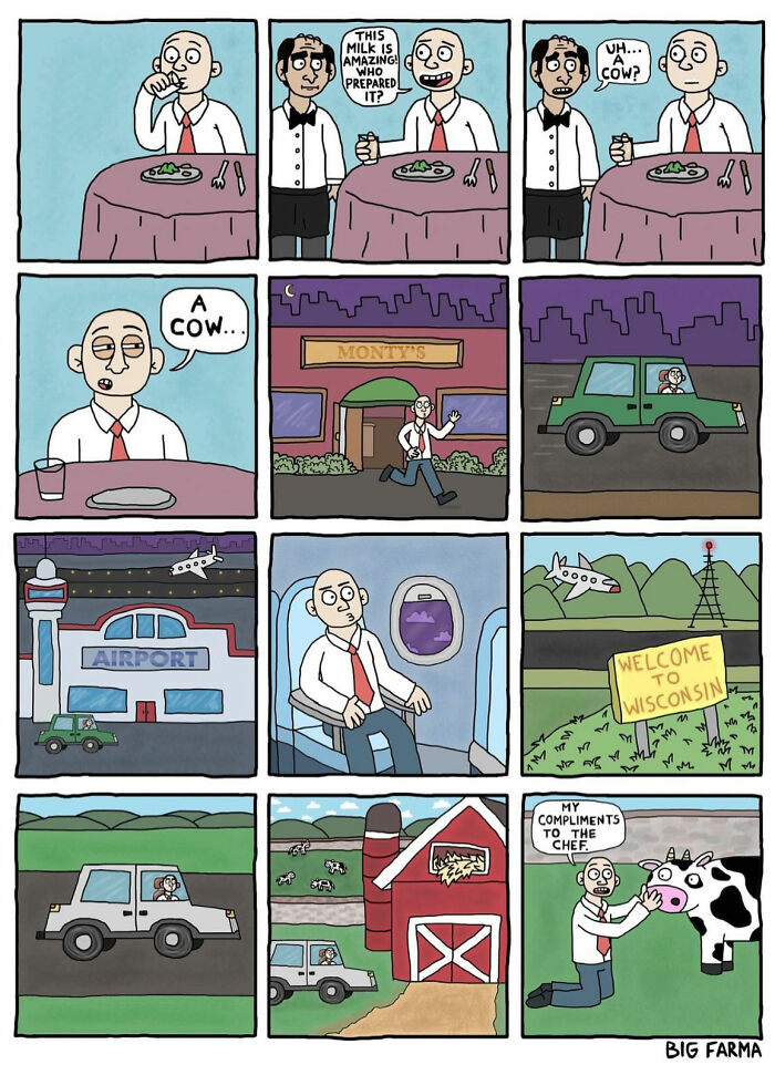 Absurd comic panels showing a man discovering the origin of milk on a farm, highlighting artist made 9 absurd comics.