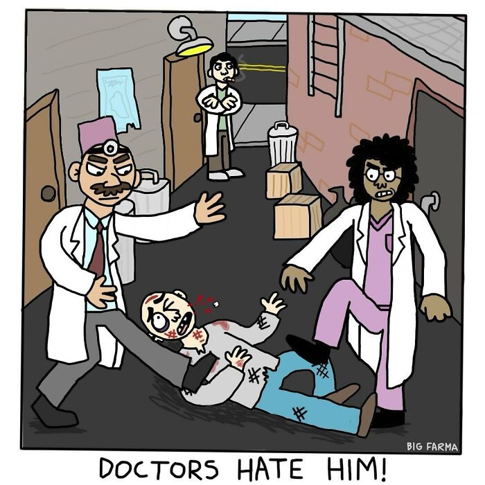 Doctors in white coats aggressively confront a man on the ground in a dark alley in a Big Farma comic.