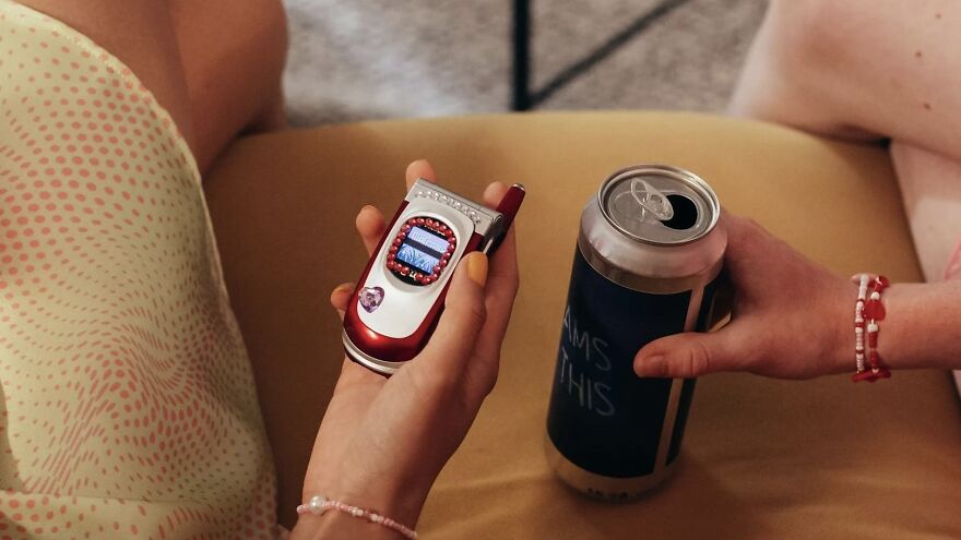 Hands holding a flip phone and a can of drink showing a then vs now poll comparison of technology and lifestyle changes.