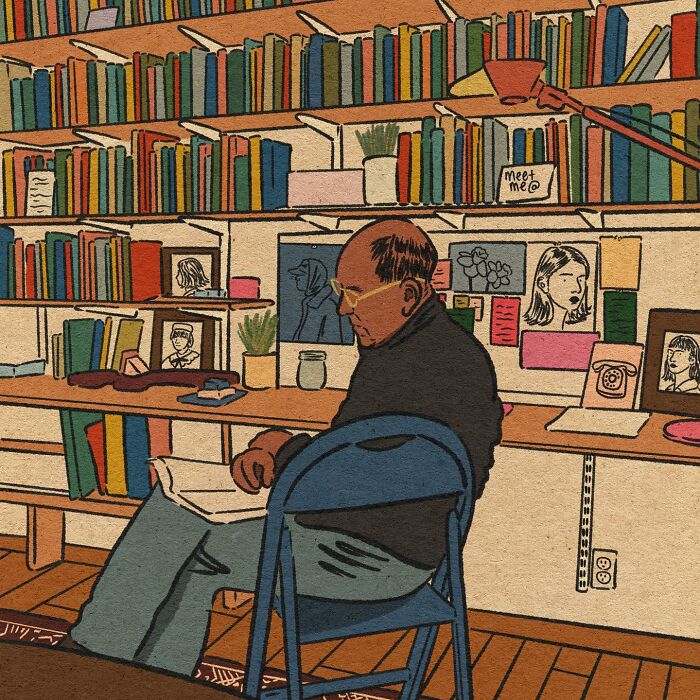 Cozy illustration of a man reading in a room filled with books, capturing the beauty of everyday life moments.