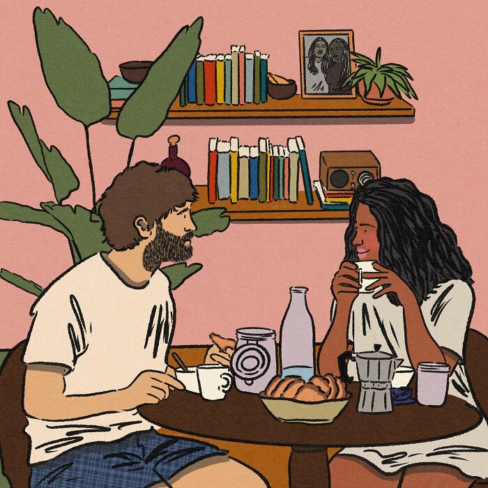 Cozy illustration of a couple enjoying coffee and pastries at a table, capturing the beauty of everyday life.
