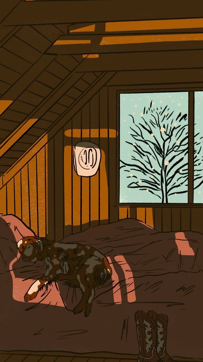 Cozy illustration of a quiet bedroom with a sleeping dog and sunlight streaming through a window at sunset.