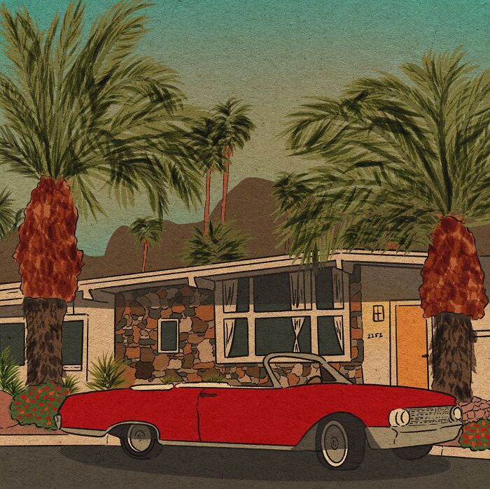 Cozy illustration of a vintage red car parked in front of a stone house with palm trees in a warm, everyday life setting.