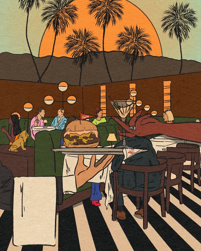 Cozy illustration of a retro diner scene with people, palm trees, and a large burger capturing everyday life moments.