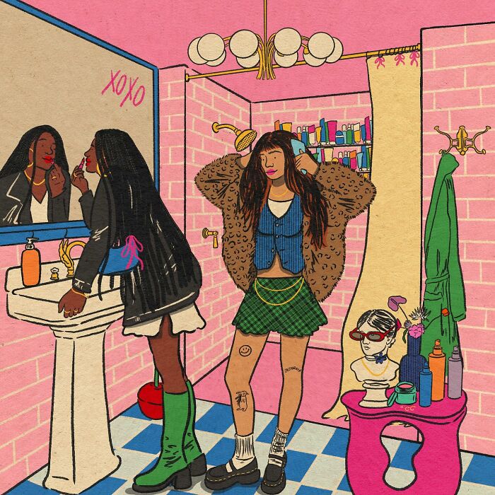 Two women in a colorful bathroom, one applying makeup and the other adjusting hair, cozy illustrations everyday life.