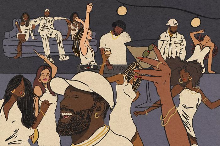 Cozy illustration of diverse people enjoying a lively party, capturing the beauty of everyday life through warm scenes.