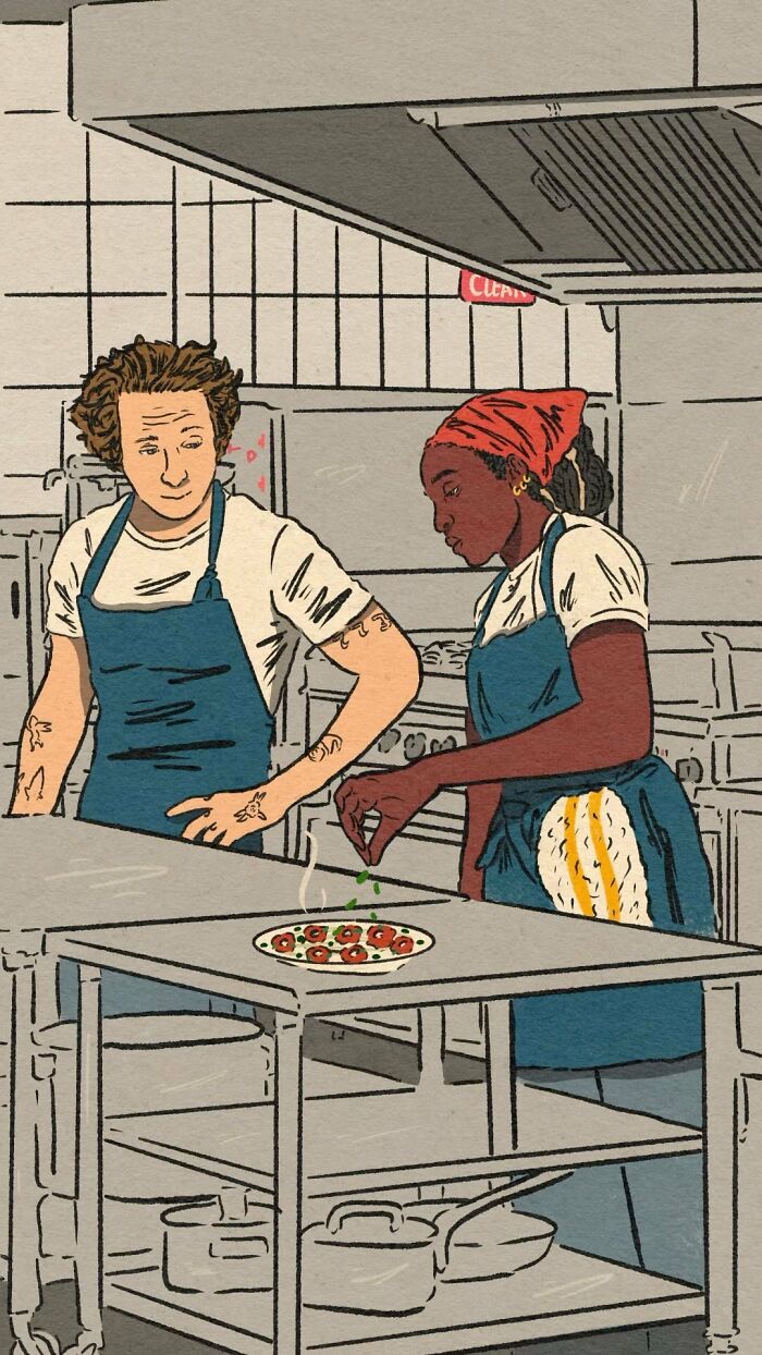 Cozy illustration of two chefs seasoning a dish in a kitchen, capturing the beauty of everyday life.