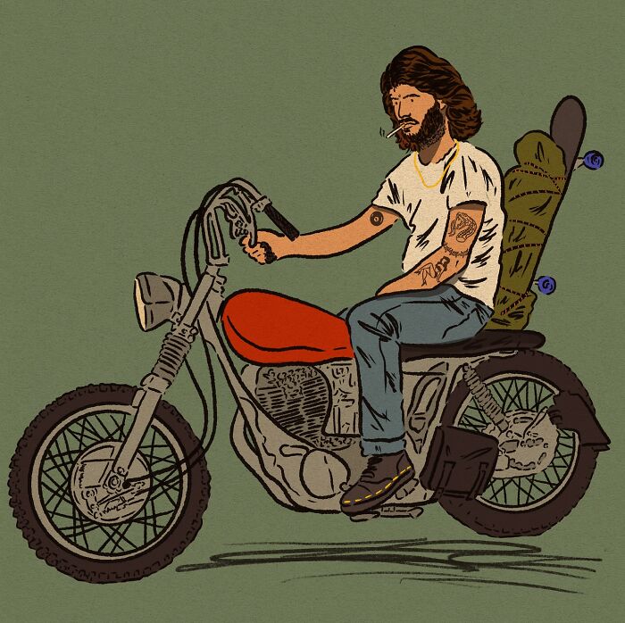 Illustration of a man with tattoos riding a motorcycle, capturing cozy everyday life moments in warm colors.