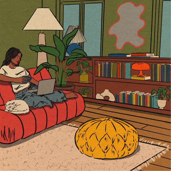 Cozy illustration of a woman relaxing on a red sofa with a laptop and cat in a warm, everyday living room scene.