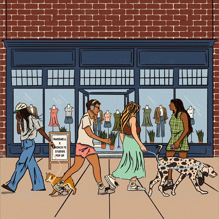 Cozy illustration of diverse people and dogs walking past a boutique, capturing beauty of everyday life moments.