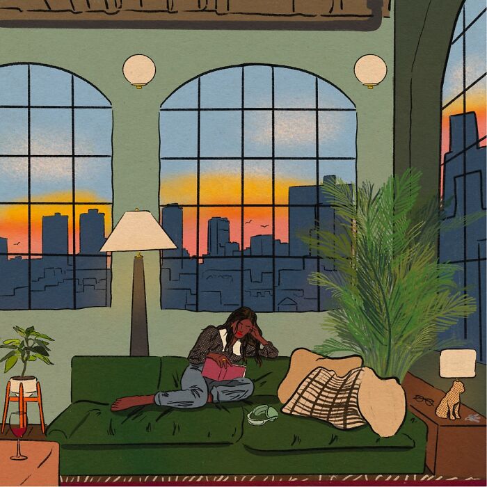 Cozy illustration of a woman reading on a green couch at sunset, capturing the beauty of everyday life indoors.