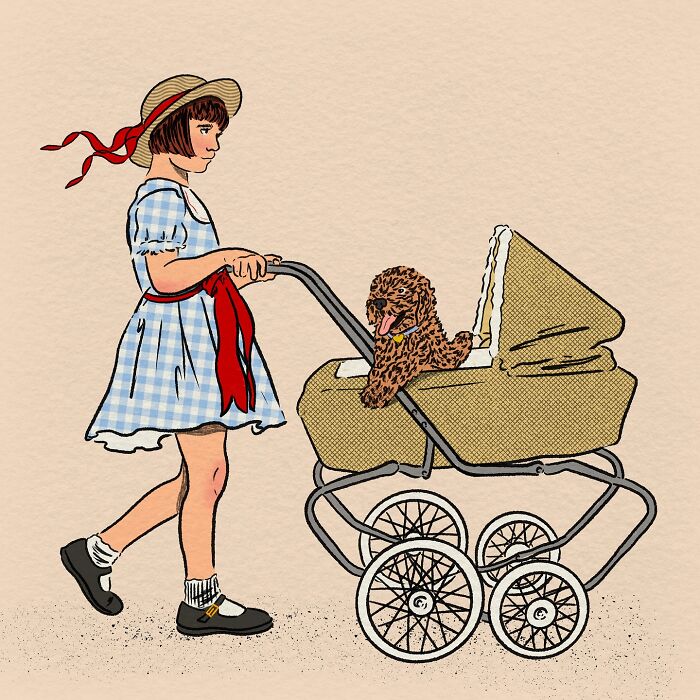 Cozy illustration of a girl in a blue dress pushing a vintage stroller with a happy dog inside, capturing everyday life charm.