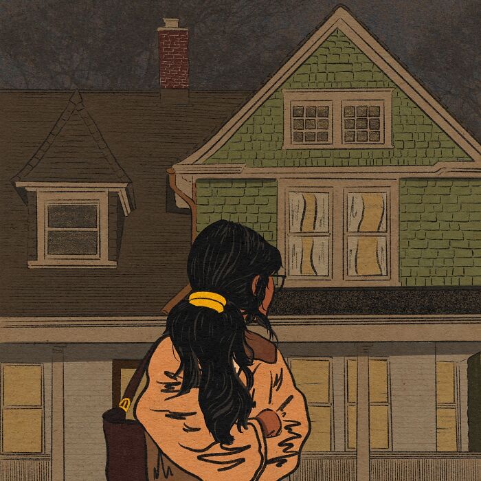 Woman with dark hair in a cozy illustration by Tatyana Alanis, standing outside a green house during evening time.