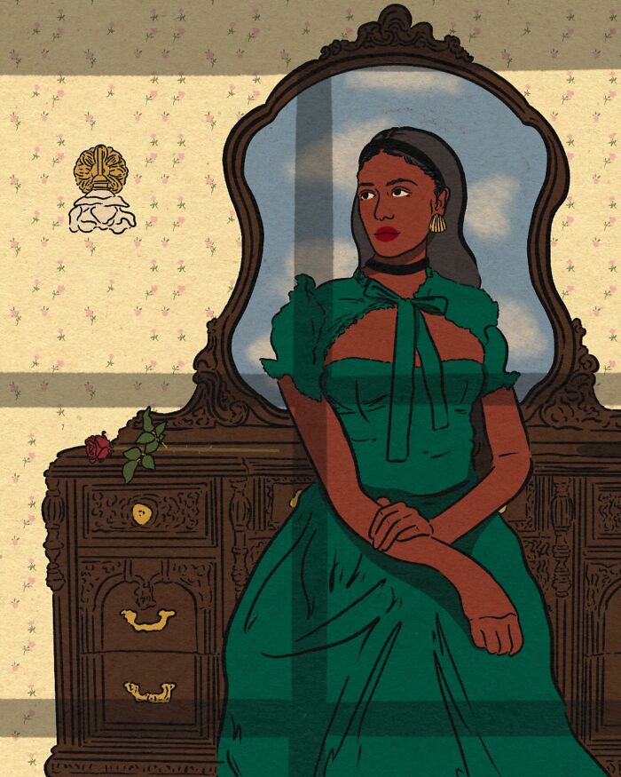 Cozy illustration of a woman in a green dress sitting by an antique dresser reflecting everyday life moments.