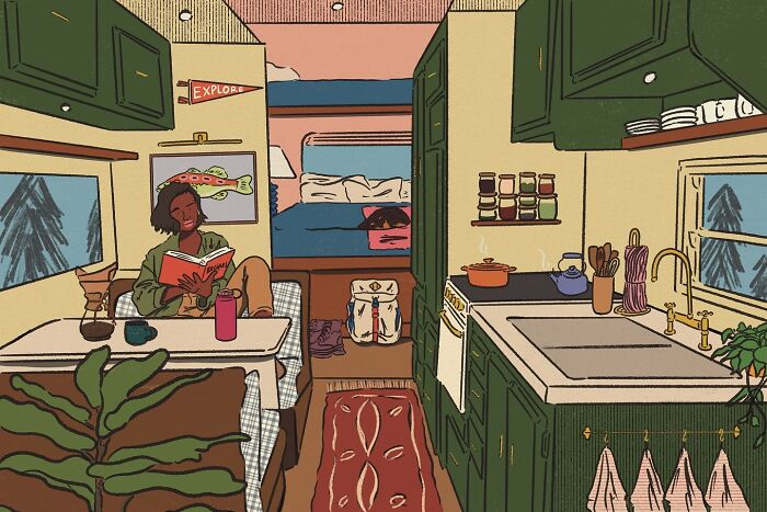 Cozy illustration of a person reading in a green kitchen capturing the beauty of everyday life in a warm setting.