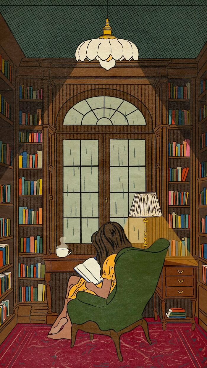 cozy illustration of a woman reading in a library chair with warm lighting capturing everyday life beauty