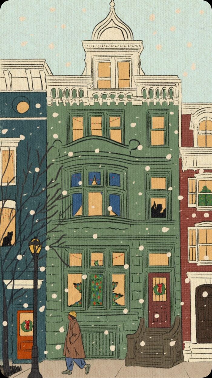 Cozy illustration of a snowy street with colorful townhouses and a person walking, capturing everyday life moments.