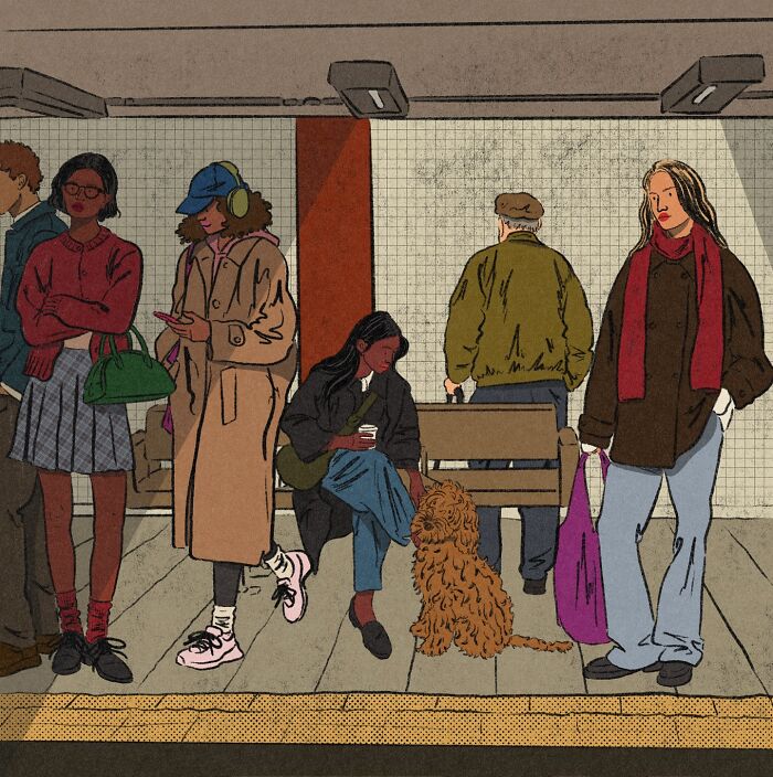 Cozy illustration showing diverse people waiting at a subway platform, capturing the beauty of everyday life.