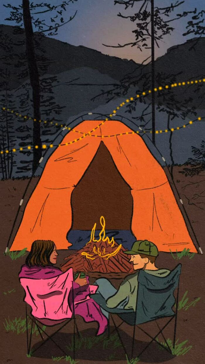 Cozy illustrations of two people enjoying a campfire in front of a tent with string lights in a peaceful outdoor setting.