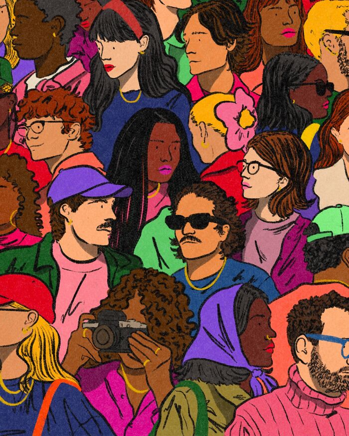 Colorful cozy illustration by Tatyana Alanis showing diverse people capturing everyday life moments.