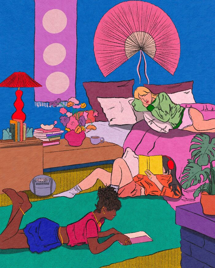 Cozy illustration by Tatyana Alanis showing friends relaxing and reading in a vibrant, colorful room capturing everyday life.