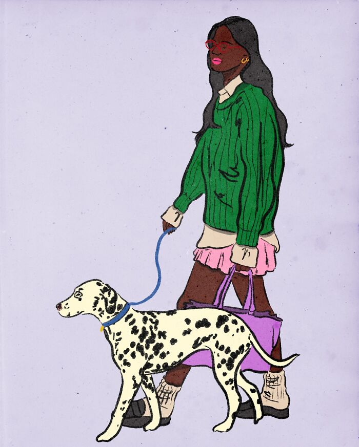 Cozy illustration of a woman walking a Dalmatian dog, showcasing everyday life moments in a stylish green sweater and pink skirt.