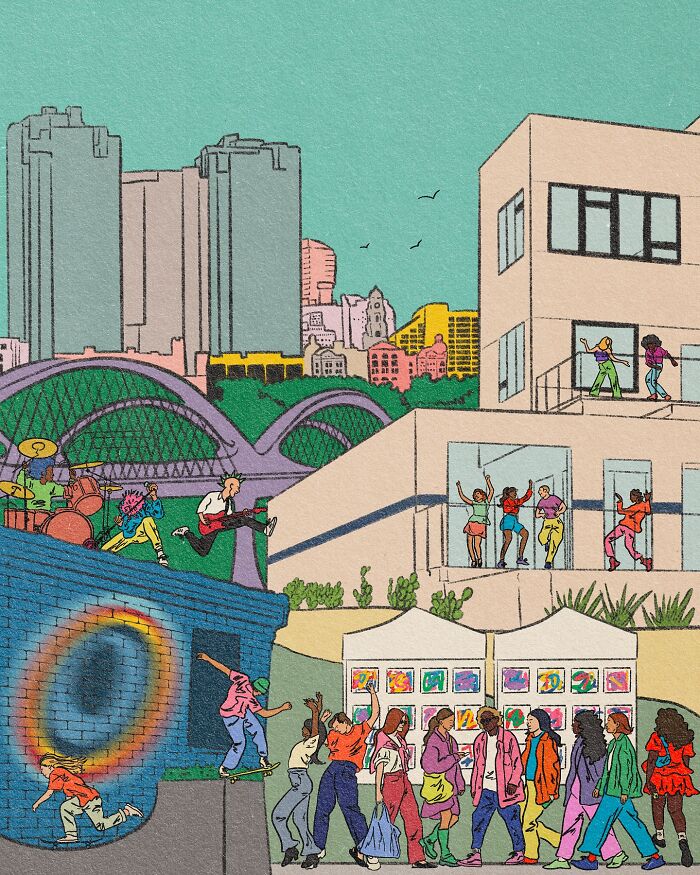Colorful cozy illustration of people enjoying city life with dancing, skateboarding, and art in an urban everyday scene.
