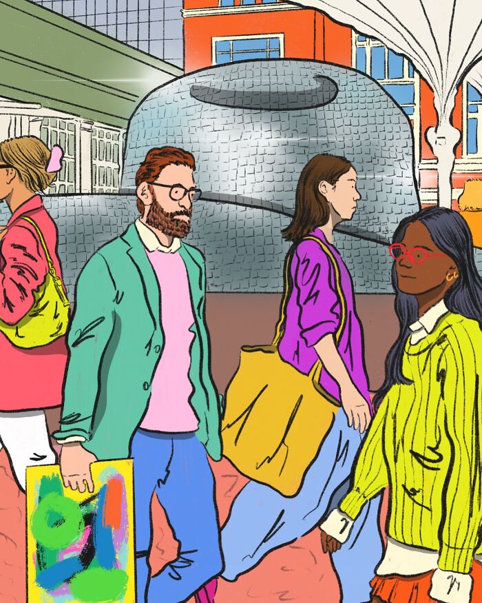 Cozy illustration showing diverse people walking in an urban setting, capturing the beauty of everyday life.