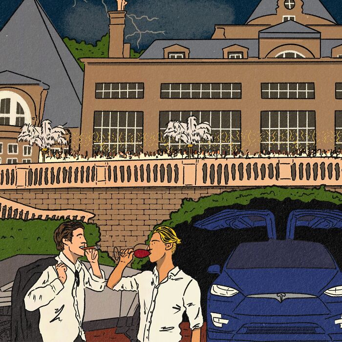 Two men sharing a drink beside a blue car in a cozy illustration capturing the beauty of everyday life.
