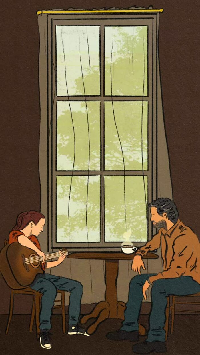 Cozy illustration of two people sharing a quiet moment by the window with guitar and coffee in everyday life setting