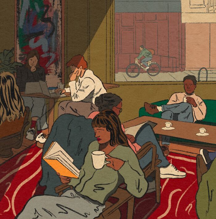 Cozy illustration of people relaxing and reading in a warm, inviting room capturing everyday life vibes.