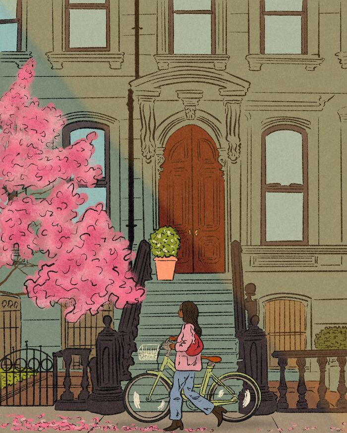 Cozy illustration of a woman walking with a bicycle past a brownstone home with blooming pink trees in everyday life.