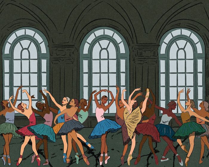 Cozy illustration of diverse ballerinas dancing gracefully in front of large arched windows, capturing everyday life beauty.